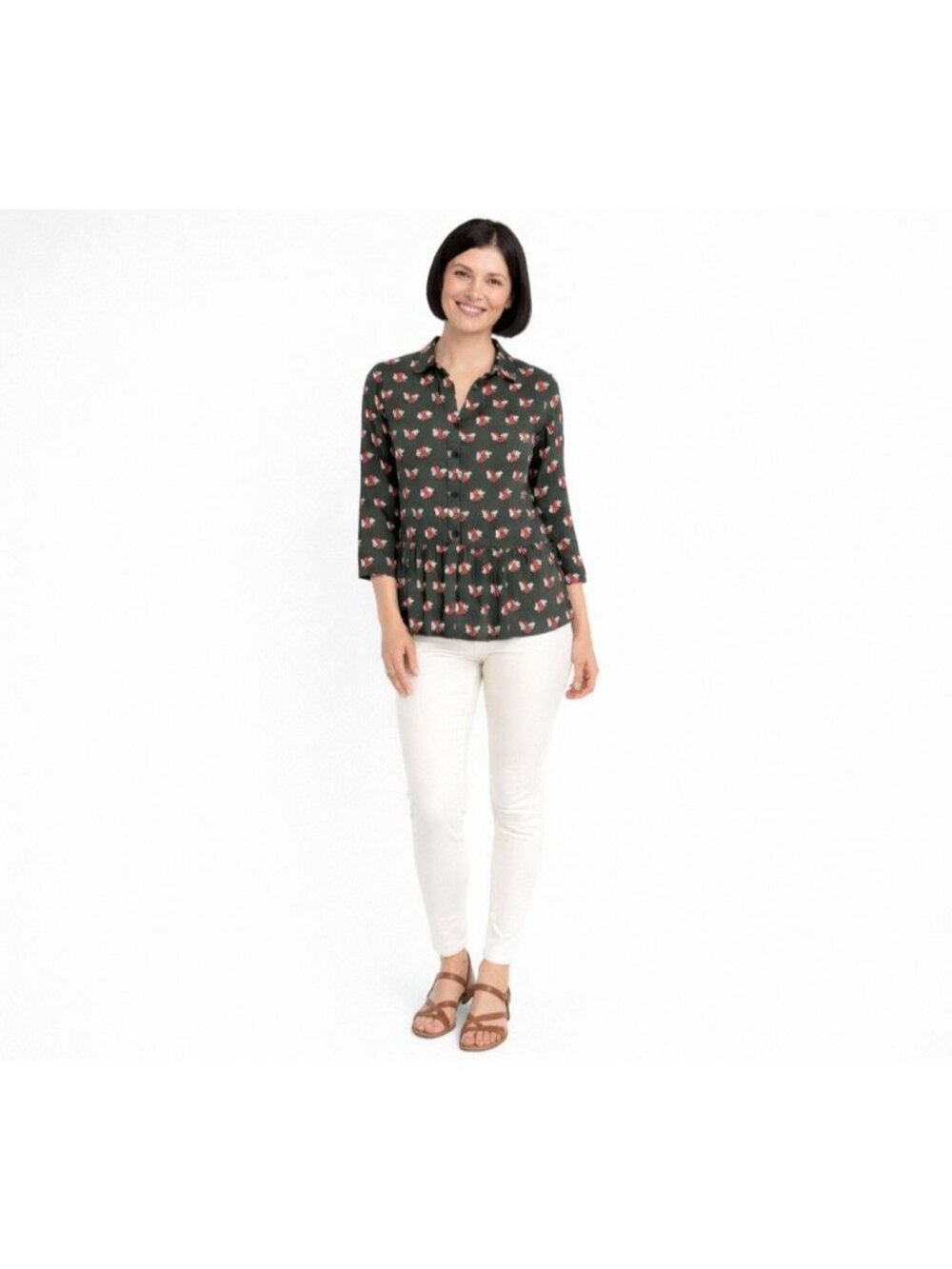 New 2/$30 Circus 8/ 10 Green Fox Print Button-Up Rayon Blouse Peplum Hem